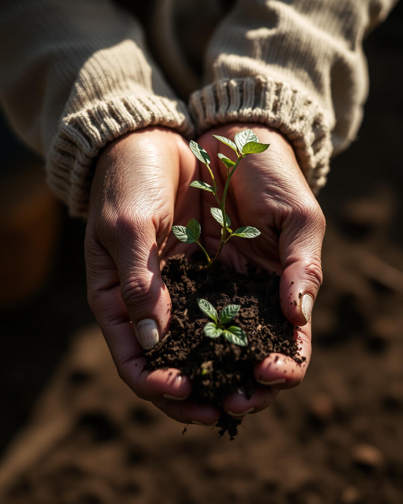 Mani che reggono una piccola pianta con terra